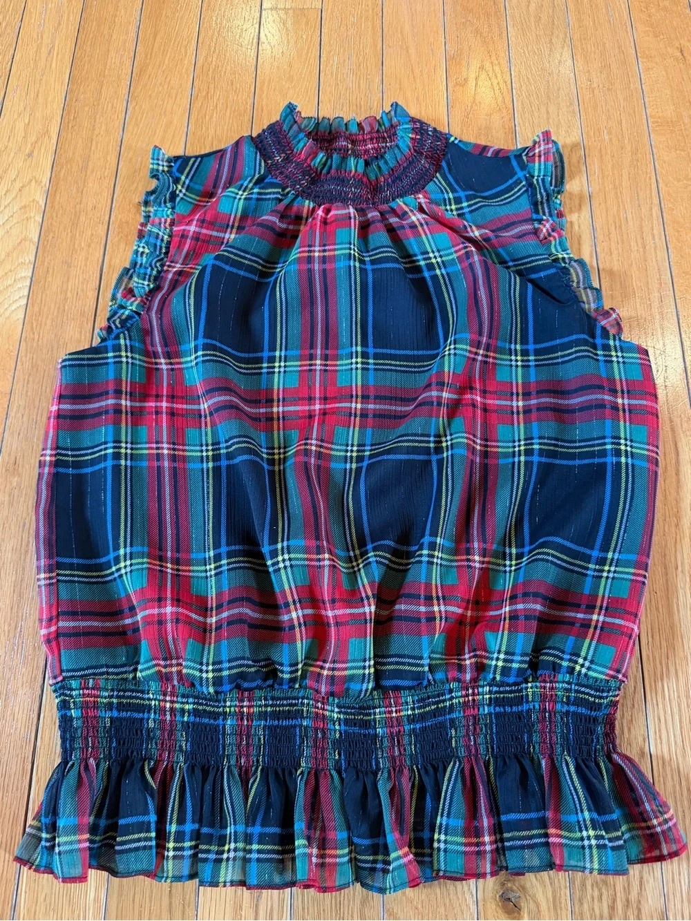 J.Crew Sleeveless Mockneck Top Blouse Gilded Stewart Tartan Smocked Waist Sz 2